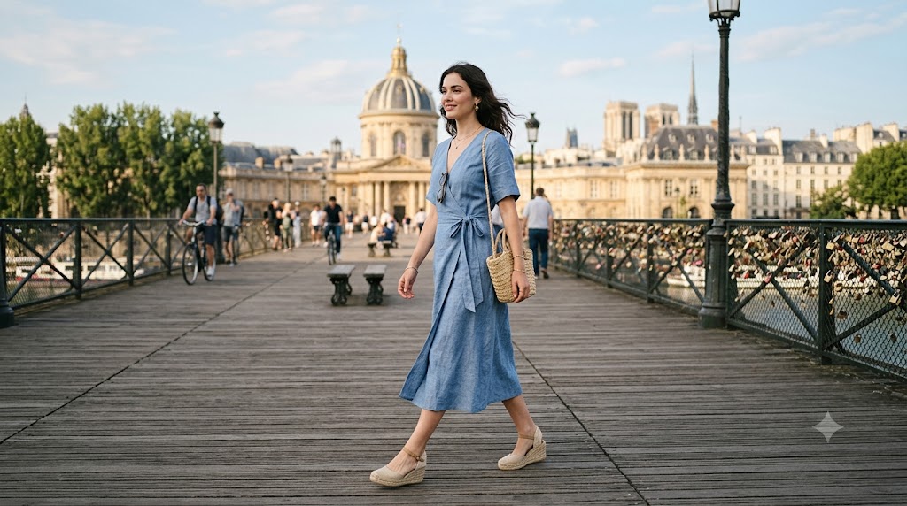 Chambray Wrap Midi Dress & Espadrille Wedges